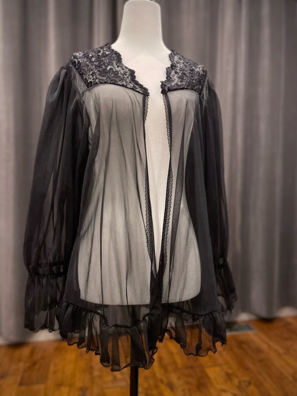 Vintage black sheer chiffon half robe bed jacket